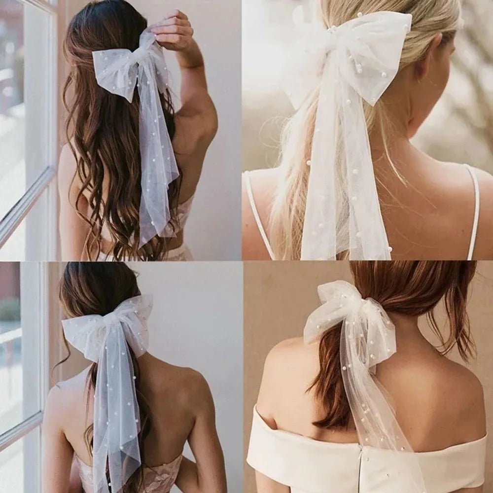 Pearl Beaded Bow-Knot Shoulder-Length Bridal Veil - Luzilly Bridal & Apparel