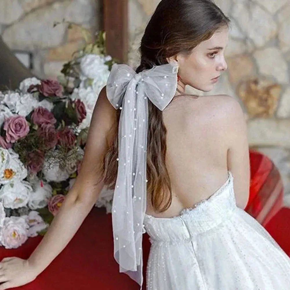 Pearl Beaded Bow-Knot Shoulder-Length Bridal Veil - Luzilly Bridal & Apparel