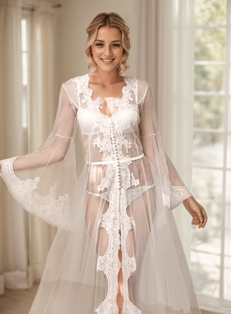 Pearl Beaded Lace Hem Long Robe with Satin Nightgown - Luzilly Bridal & Apparel