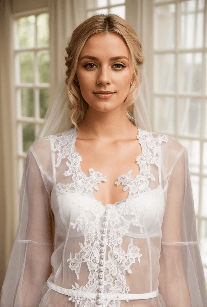 Pearl Beaded Lace Hem Long Robe with Satin Nightgown - Luzilly Bridal & Apparel