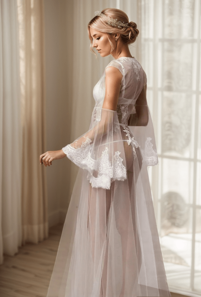 Pearl Beaded Lace Hem Long Robe with Satin Nightgown - Luzilly Bridal & Apparel