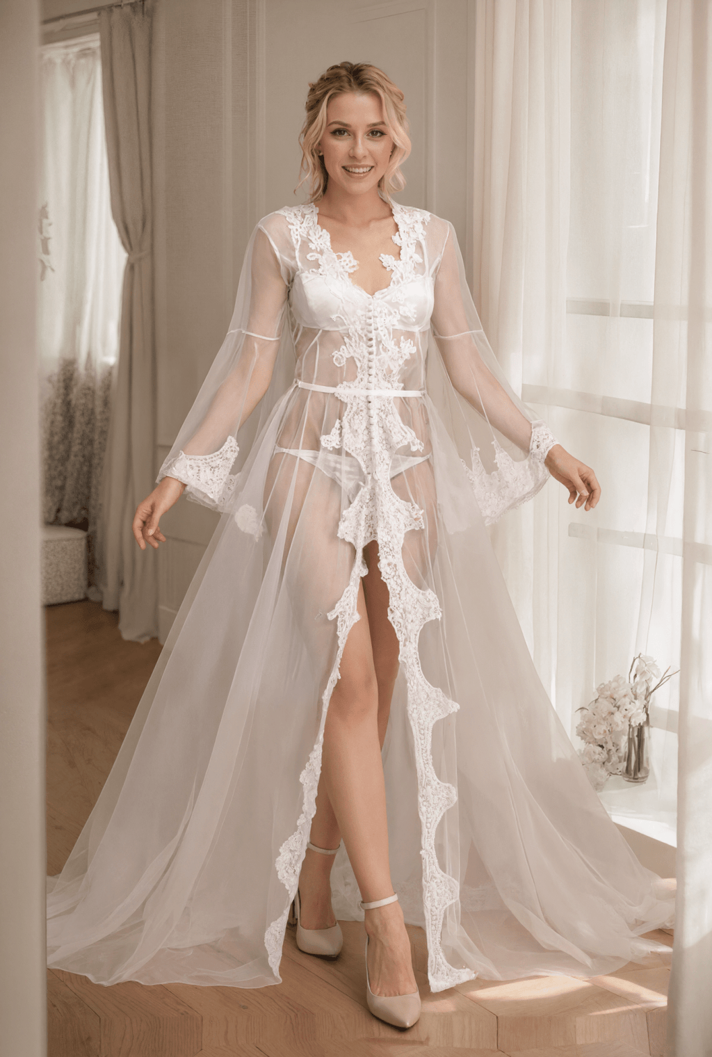 Pearl Beaded Lace Hem Long Robe with Satin Nightgown - Luzilly Bridal & Apparel