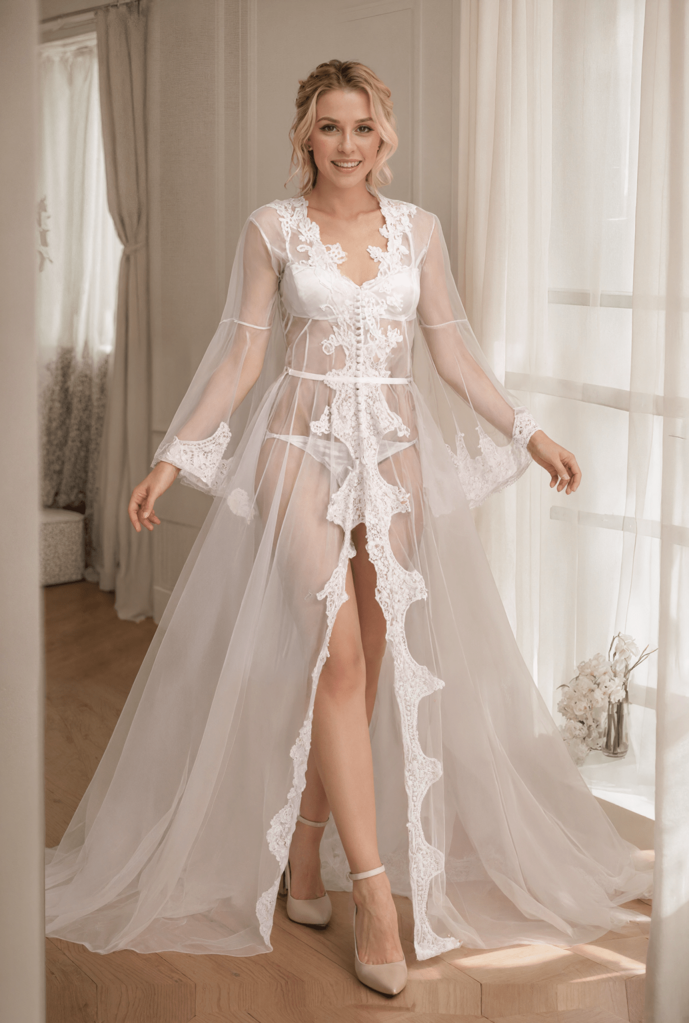 Pearl Beaded Lace Hem Long Robe with Satin Nightgown - Luzilly Bridal & Apparel