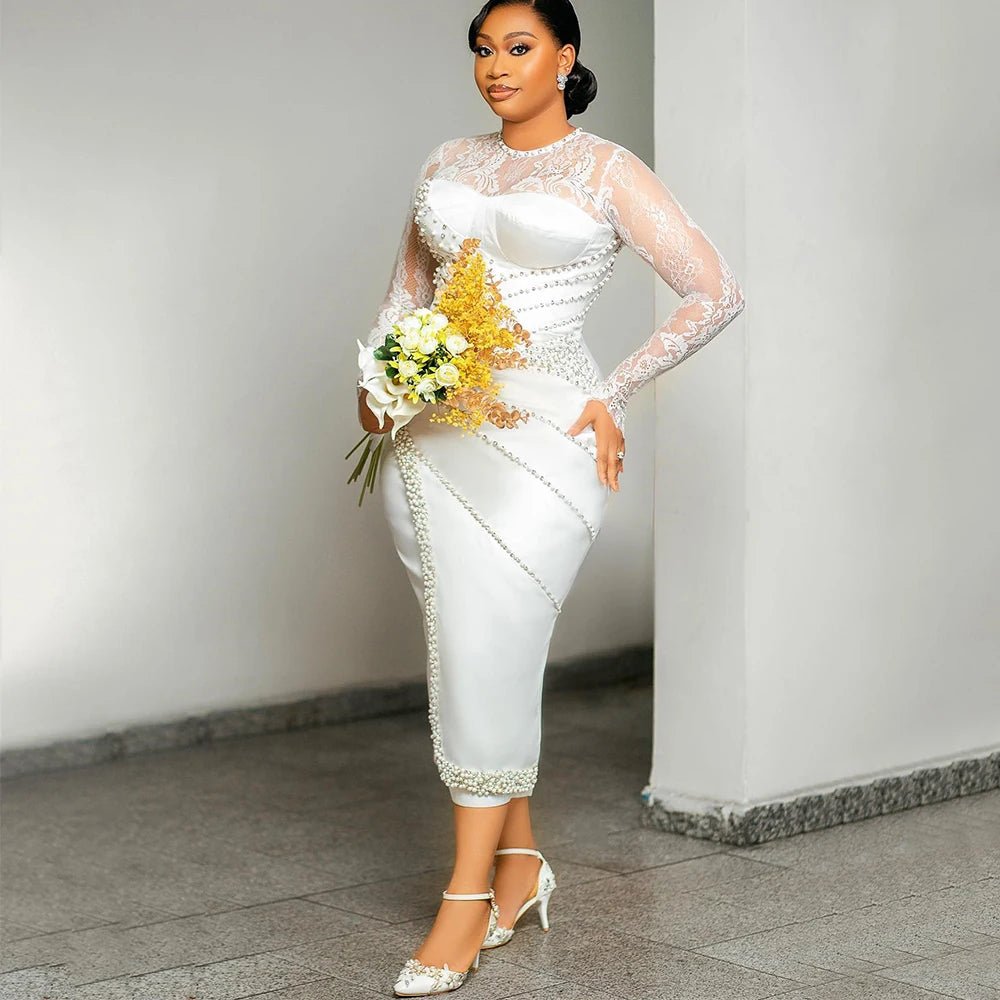 Pearl Beaded Lace Tea-Length Wedding Dress with Long Sleeves - Luzilly Bridal & Apparel