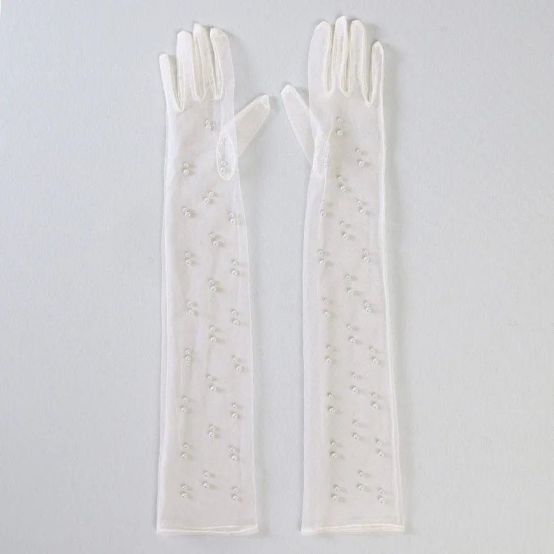 Pearl Beaded Long Tulle Bridal Gloves - Luzilly Bridal & Apparel
