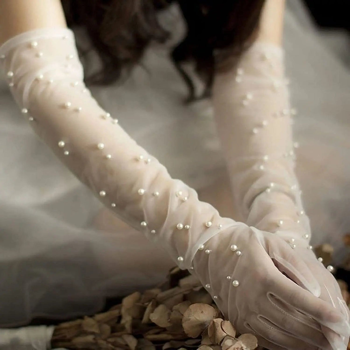 Pearl Beaded Long Tulle Bridal Gloves - Luzilly Bridal & Apparel