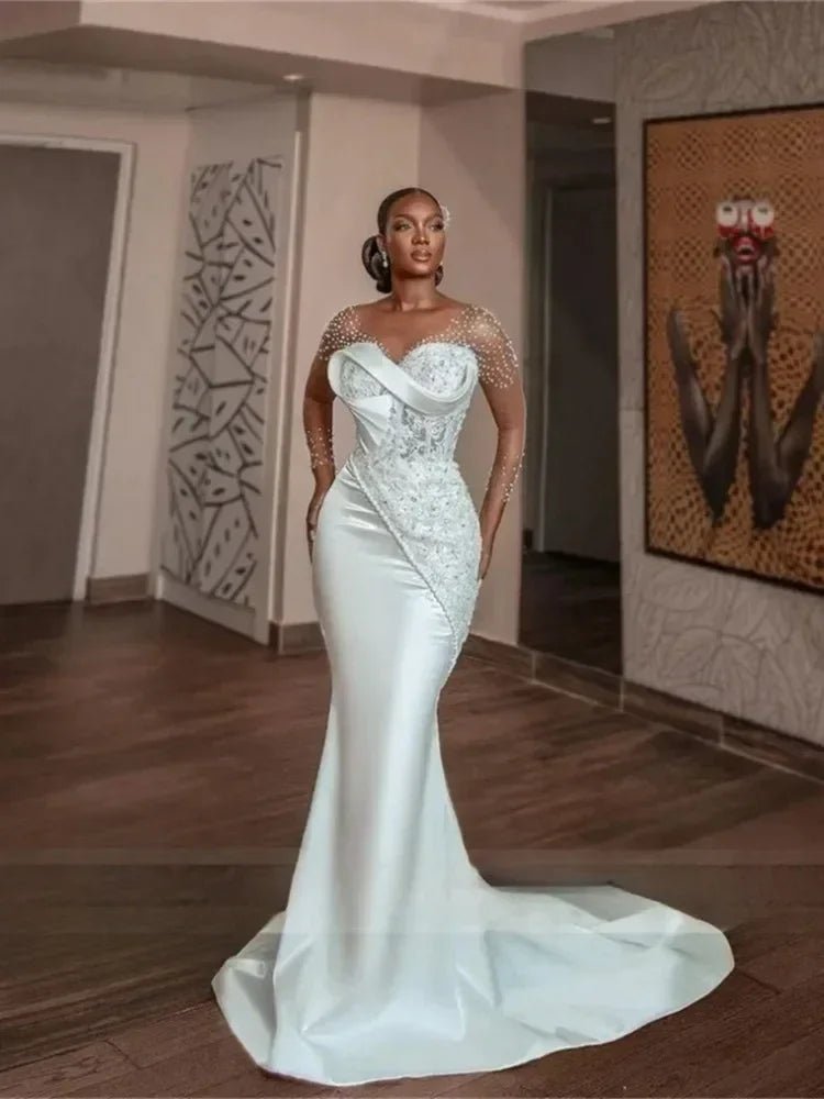 Pearl-Beaded Mermaid Wedding Gown with Sheer Long Sleeves - Luzilly Bridal & Apparel