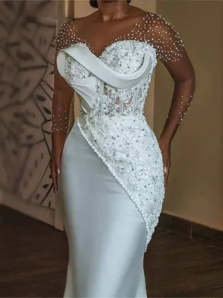Pearl-Beaded Mermaid Wedding Gown with Sheer Long Sleeves - Luzilly Bridal & Apparel