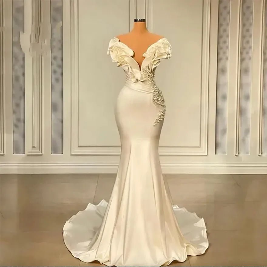 Pearl-Beaded Off-Shoulder Mermaid Wedding Dress with Ruffle Train - Luzilly Bridal & Apparel