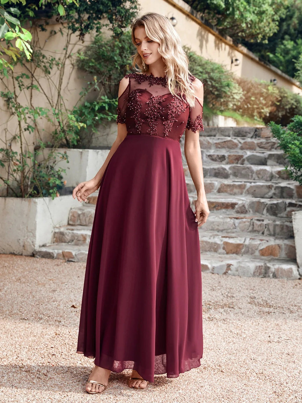 Pearl-Beaded Short-Sleeve Chiffon A-Line Bridesmaid Dress - Luzilly Bridal & Apparel