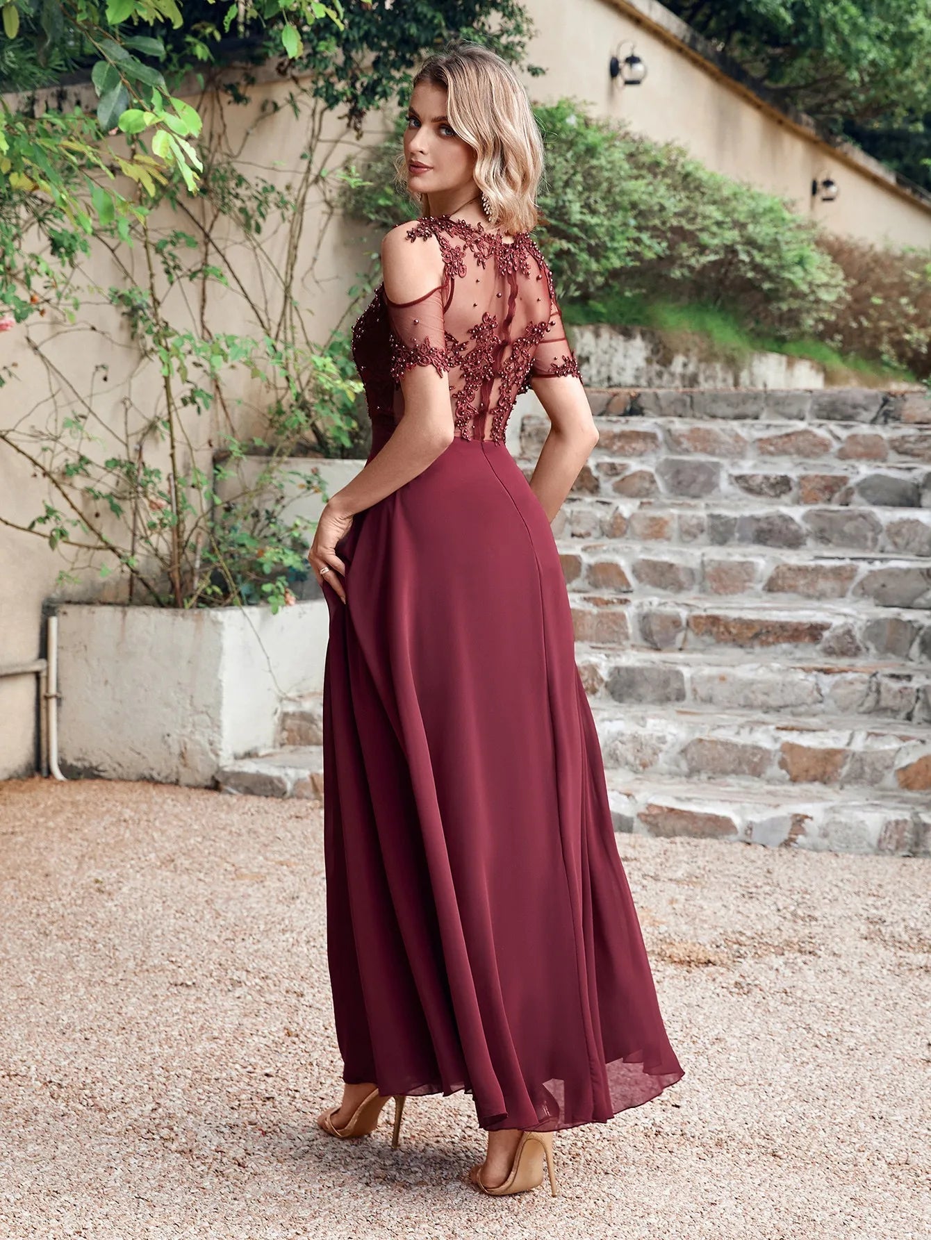 Pearl-Beaded Short-Sleeve Chiffon A-Line Bridesmaid Dress - Luzilly Bridal & Apparel
