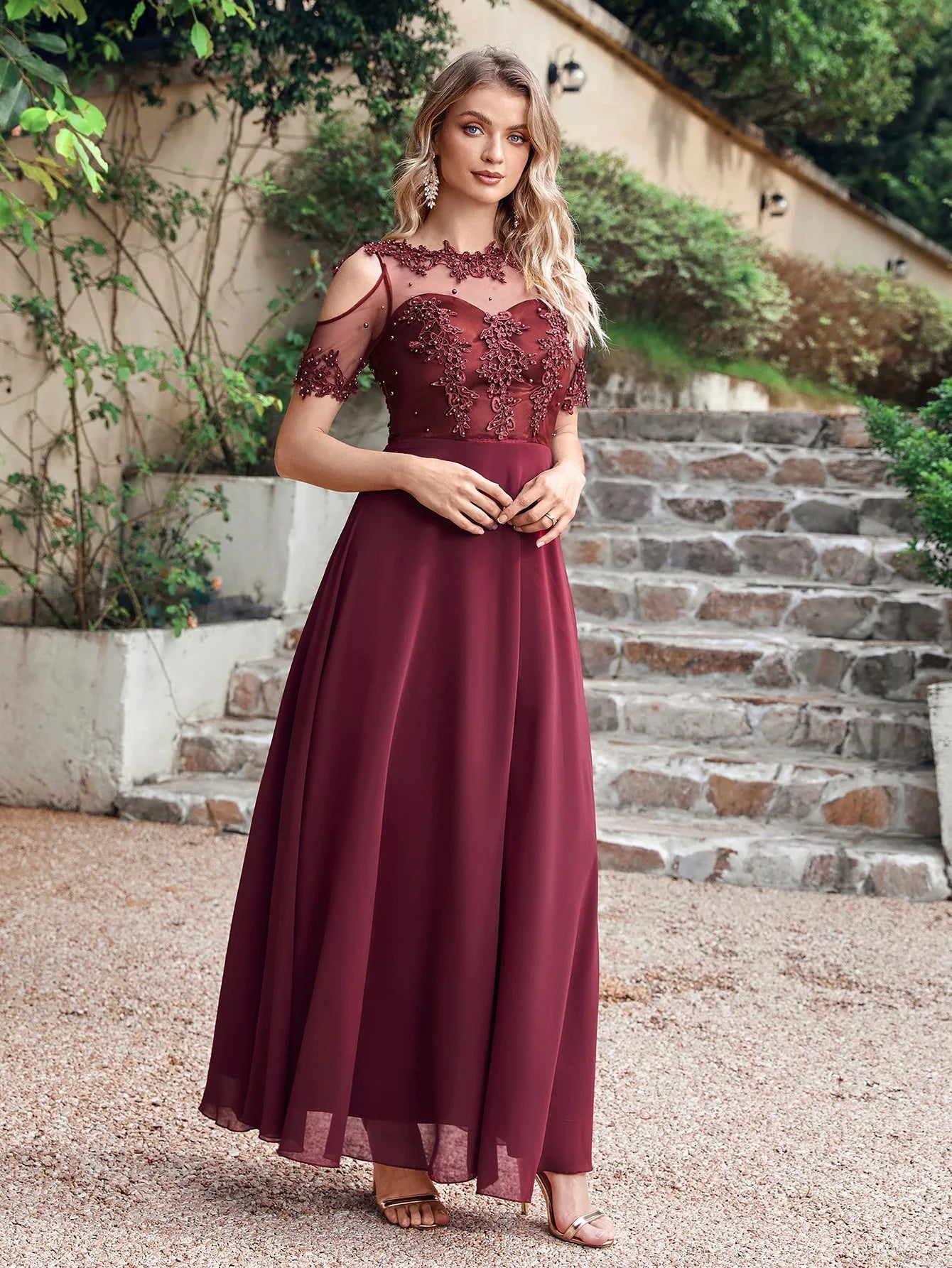 Pearl-Beaded Short-Sleeve Chiffon A-Line Bridesmaid Dress - Luzilly Bridal & Apparel