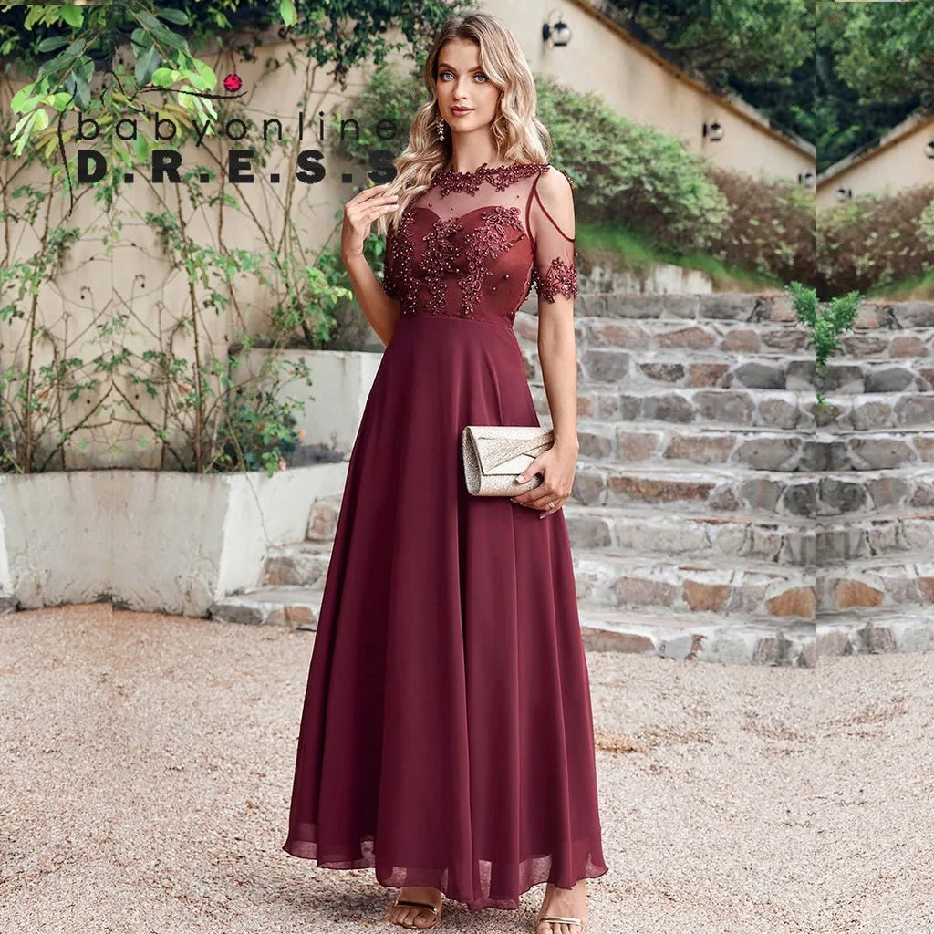 Pearl-Beaded Short-Sleeve Chiffon A-Line Bridesmaid Dress - Luzilly Bridal & Apparel