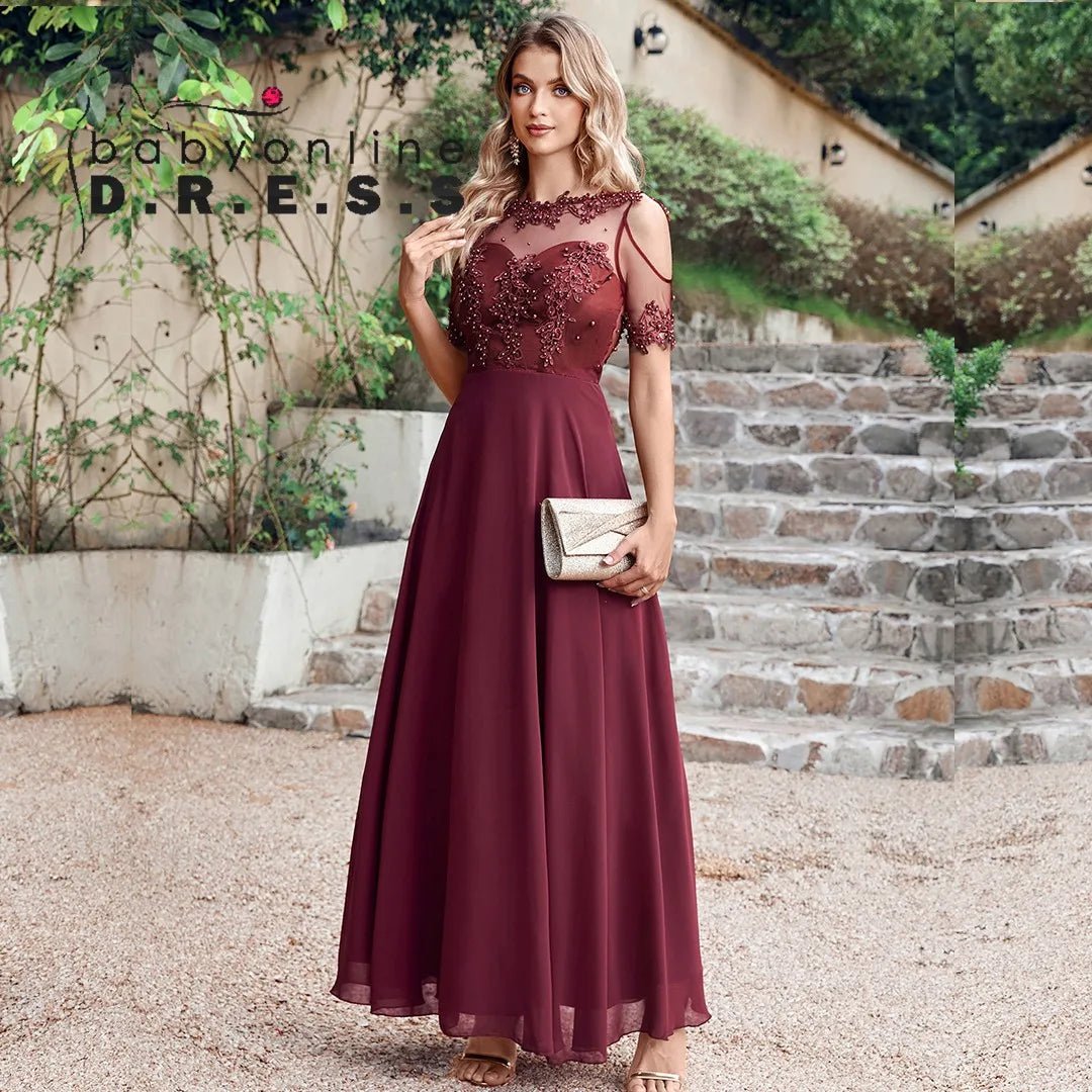 Pearl-Beaded Short-Sleeve Chiffon A-Line Bridesmaid Dress - Luzilly Bridal & Apparel