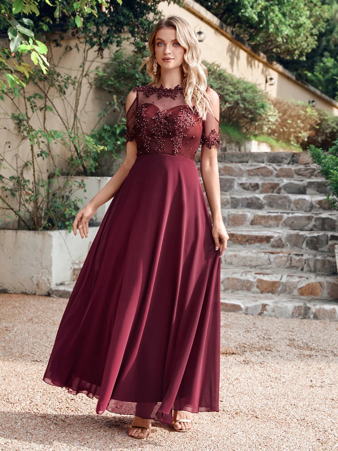Pearl-Beaded Short-Sleeve Chiffon A-Line Bridesmaid Dress - Luzilly Bridal & Apparel