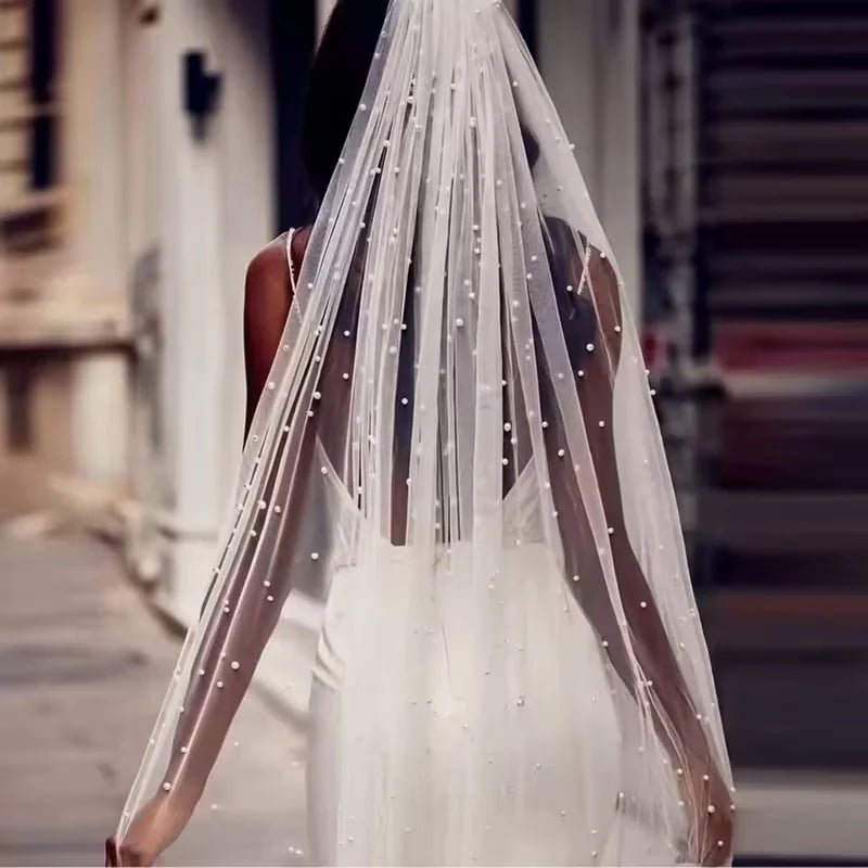 Pearl Beaded Single-Layer Cathedral Wedding Veil - Luzilly Bridal & Apparel