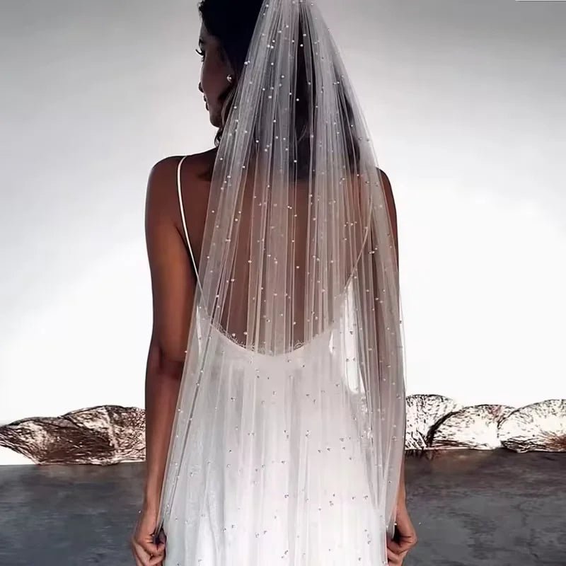 Pearl Beaded Single-Layer Cathedral Wedding Veil - Luzilly Bridal & Apparel