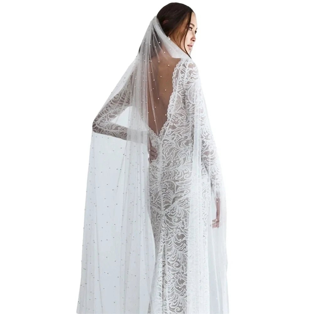 Pearl Beaded Single-Layer Cathedral Wedding Veil - Luzilly Bridal & Apparel