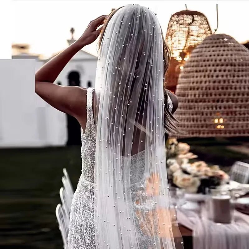 Pearl Beaded Single-Layer Cathedral Wedding Veil - Luzilly Bridal & Apparel