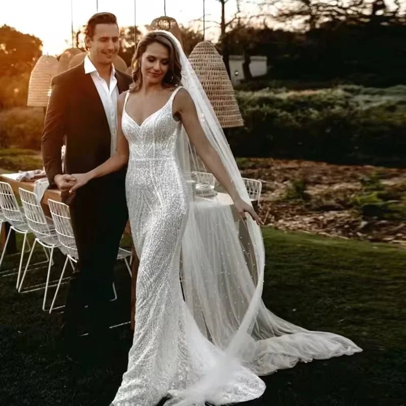 Pearl Beaded Single-Layer Cathedral Wedding Veil - Luzilly Bridal & Apparel