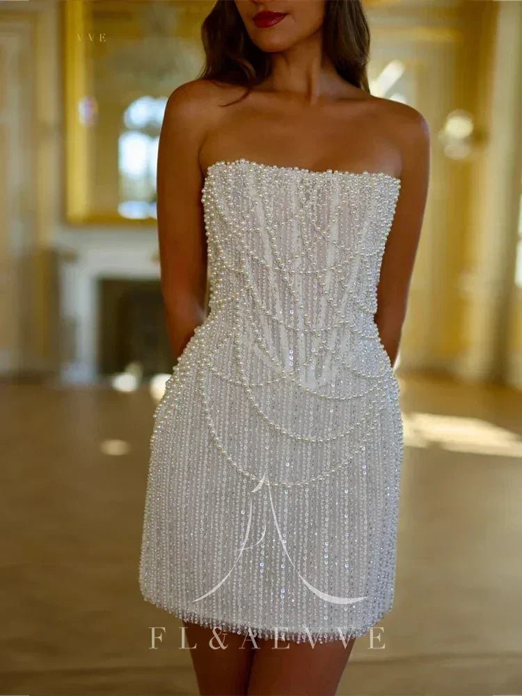 Pearl-Beaded Strapless Mini Wedding Gown - Luzilly Bridal & Apparel