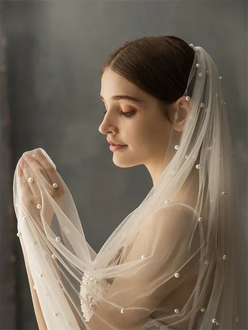 Pearl Cathedral Wedding Veil with Comb - Luzilly Bridal & Apparel