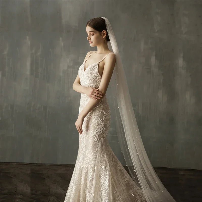 Pearl Cathedral Wedding Veil with Comb - Luzilly Bridal & Apparel