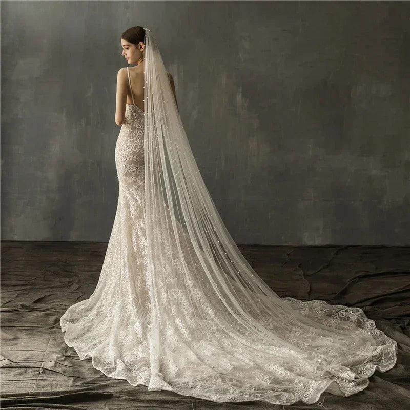 Pearl Cathedral Wedding Veil with Comb - Luzilly Bridal & Apparel