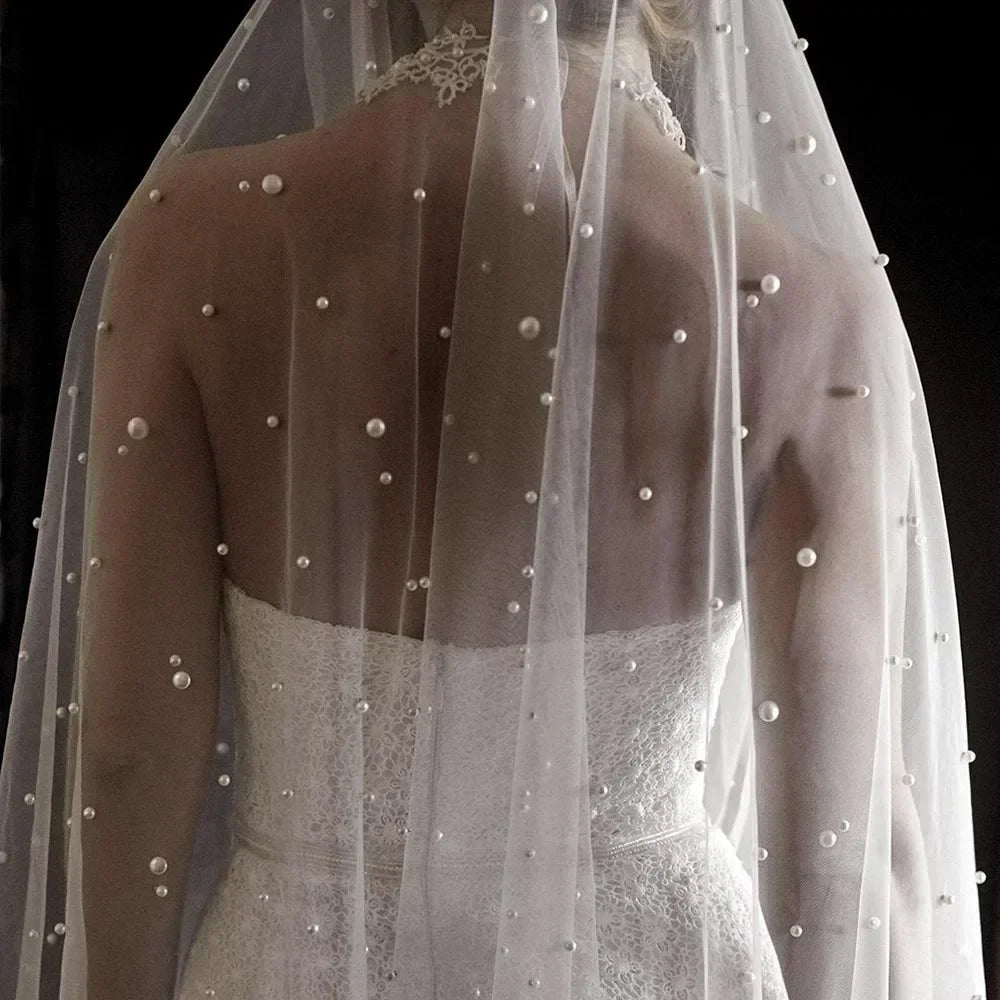 Pearl & Crystal Beaded Cathedral Wedding Veil - Luzilly Bridal & Apparel