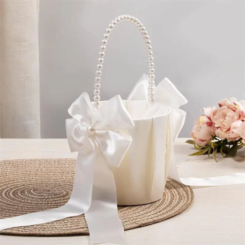 Pearl Handle Satin Flower Girl Petal Basket - Luzilly Bridal & Apparel
