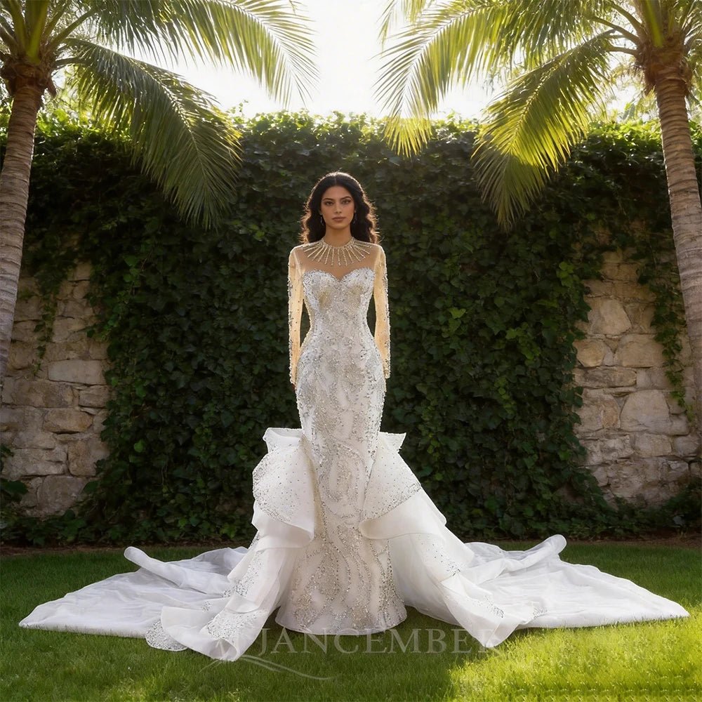 Pearl Lace Long-Sleeve A-Line Wedding Gown with Train - Luzilly Bridal & Apparel