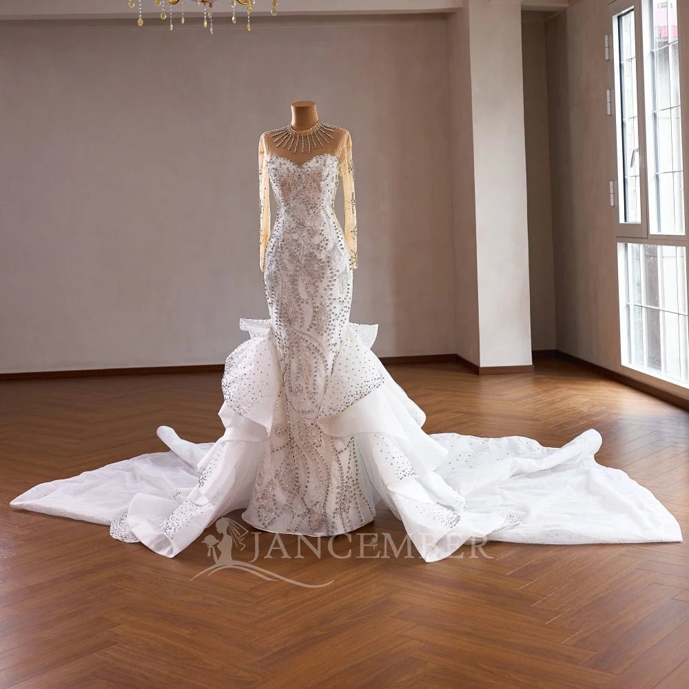 Pearl Lace Long-Sleeve A-Line Wedding Gown with Train - Luzilly Bridal & Apparel
