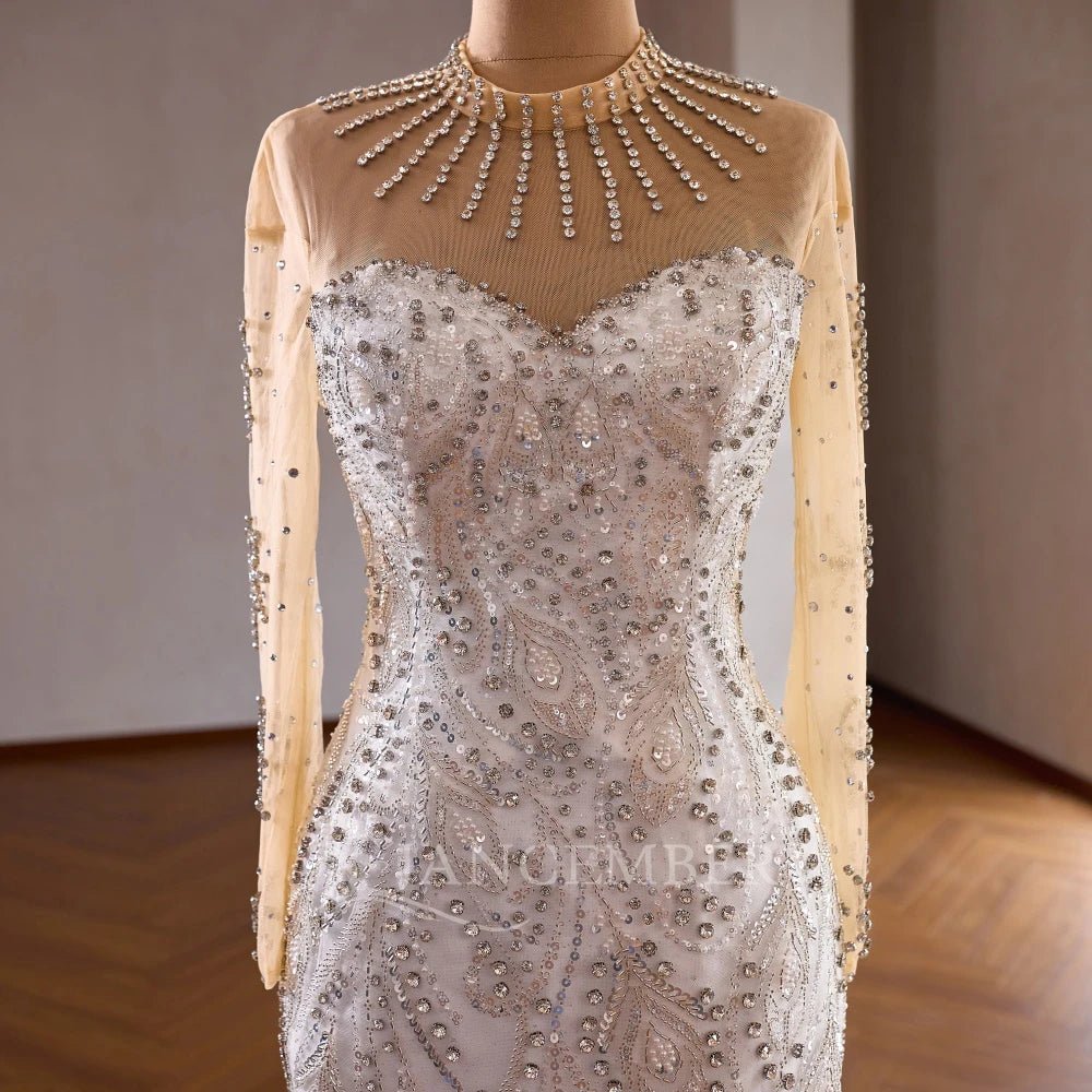 Pearl Lace Long-Sleeve A-Line Wedding Gown with Train - Luzilly Bridal & Apparel