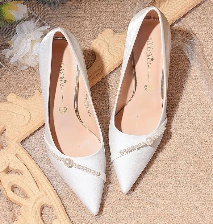 Pearl Pointed-Toe Silk Bridal Pumps - Luzilly Bridal & Apparel