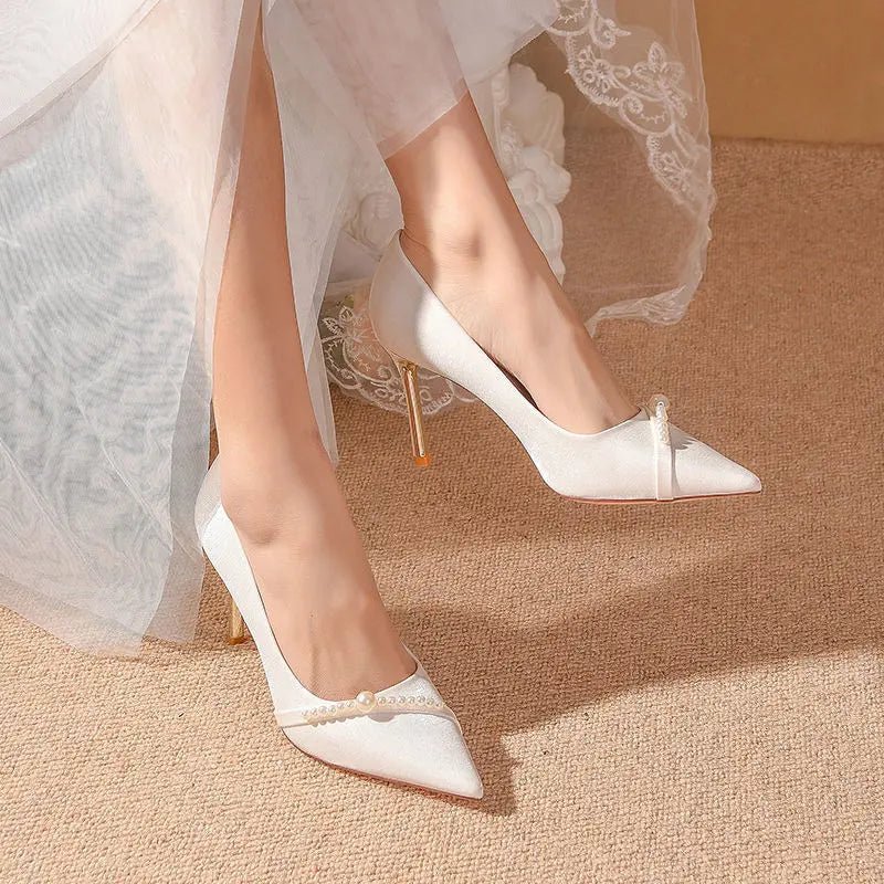 Pearl Pointed-Toe Silk Bridal Pumps - Luzilly Bridal & Apparel