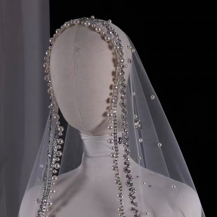 Pearl Rhinestone Bridal Wedding Veil Long Trailing - Luzilly Bridal & Apparel