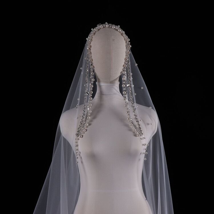 Pearl Rhinestone Bridal Wedding Veil Long Trailing - Luzilly Bridal & Apparel