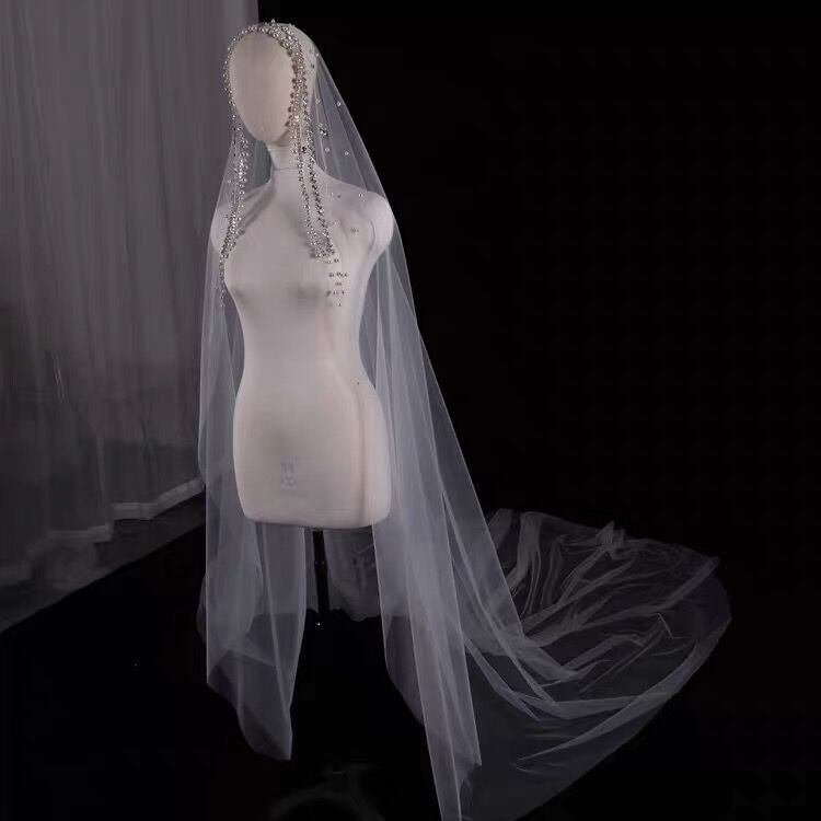 Pearl Rhinestone Bridal Wedding Veil Long Trailing - Luzilly Bridal & Apparel