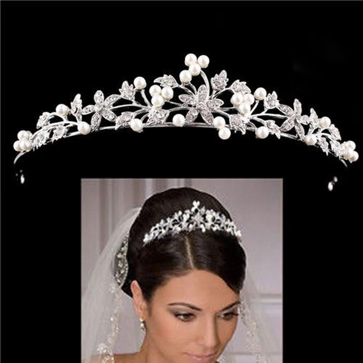 Pearl & Rhinestone Princess Crown Bridal Headband - Luzilly Bridal & Apparel