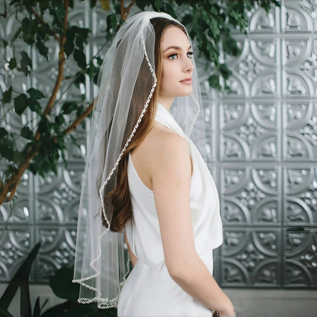 Pearl & Silver Beaded Edge Wedding Veil - Luzilly Bridal & Apparel
