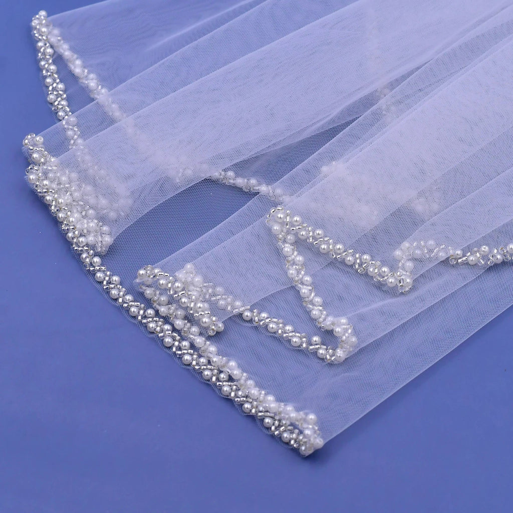 Pearl & Silver Beaded Edge Wedding Veil - Luzilly Bridal & Apparel