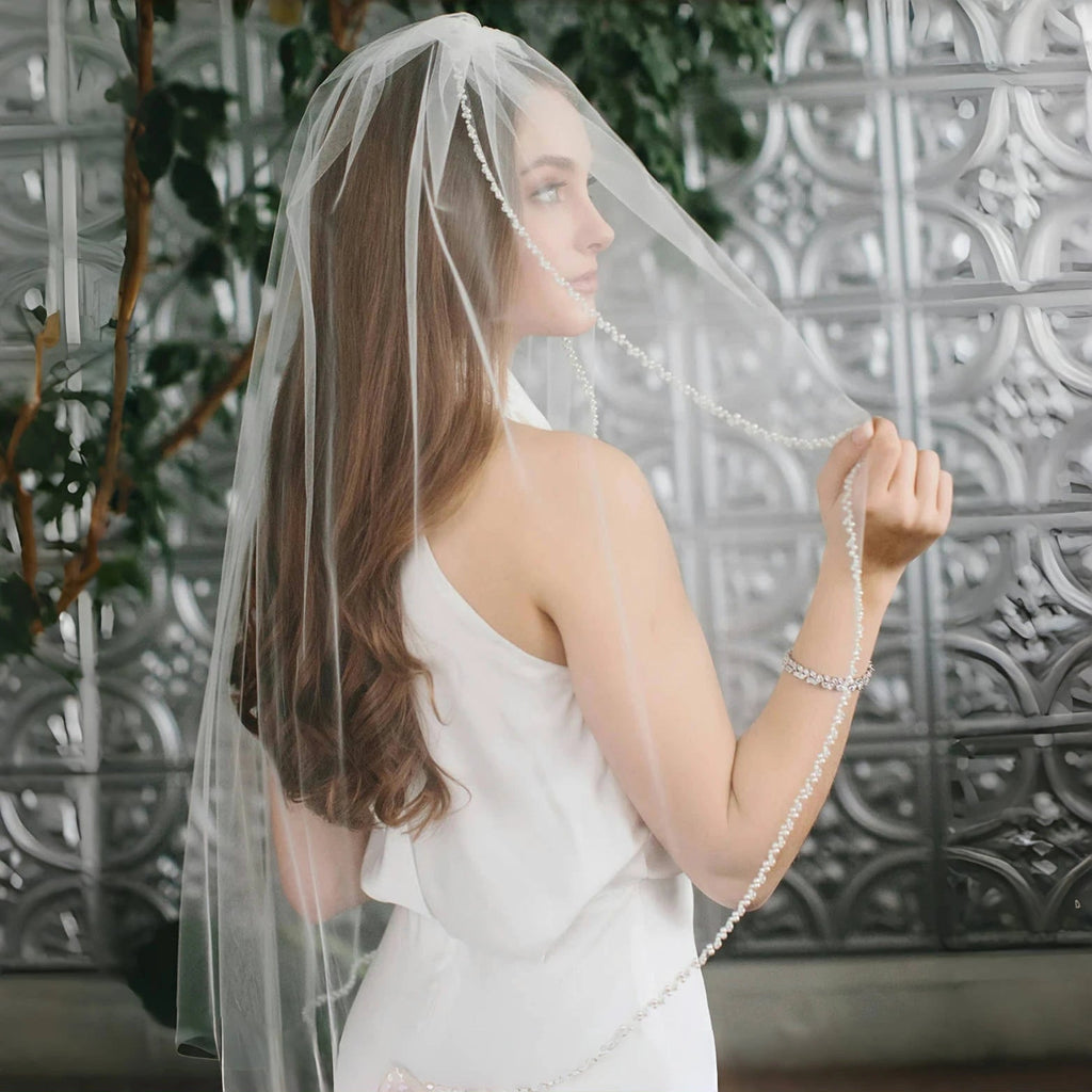 Pearl & Silver Beaded Edge Wedding Veil - Luzilly Bridal & Apparel