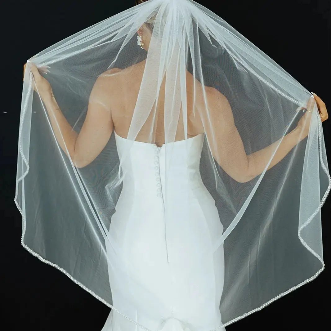 Pearl & Silver Beaded Edge Wedding Veil - Luzilly Bridal & Apparel