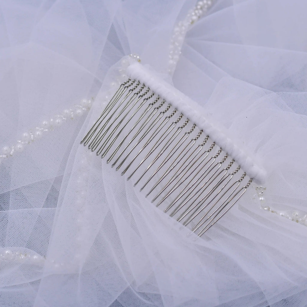 Pearl & Silver Beaded Edge Wedding Veil - Luzilly Bridal & Apparel
