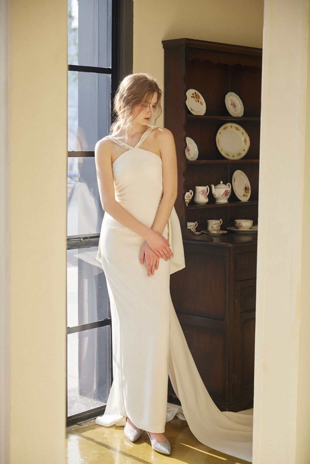 Pearl Strap Halter Satin Wedding Dress with Dramatic Back Bow and Train - Luzilly Bridal & Apparel