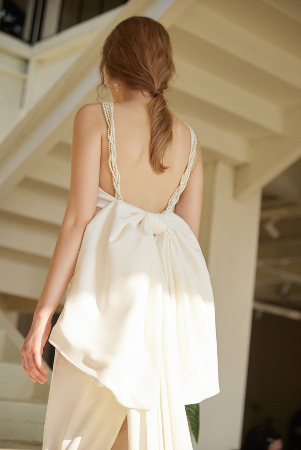 Pearl Strap Halter Satin Wedding Dress with Dramatic Back Bow and Train - Luzilly Bridal & Apparel