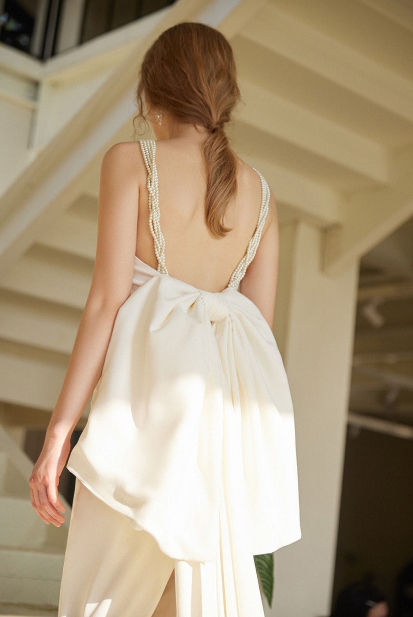 Pearl Strap Halter Satin Wedding Dress with Dramatic Back Bow and Train - Luzilly Bridal & Apparel