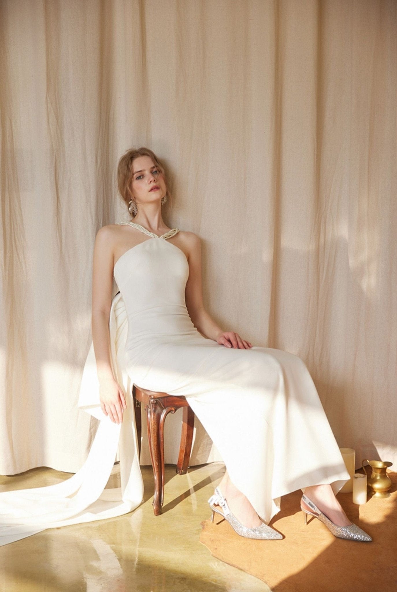 Pearl Strap Halter Satin Wedding Dress with Dramatic Back Bow and Train - Luzilly Bridal & Apparel