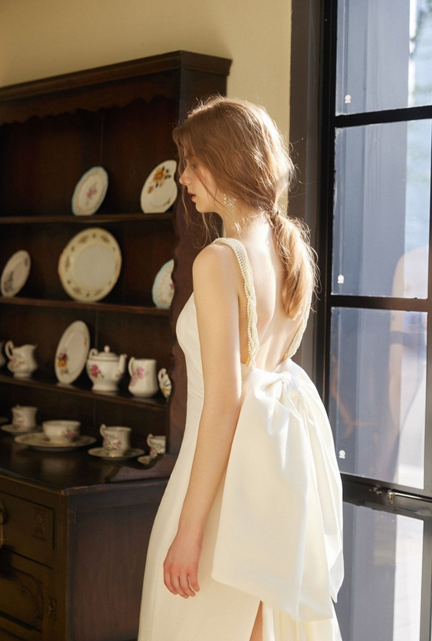 Pearl Strap Halter Satin Wedding Dress with Dramatic Back Bow and Train - Luzilly Bridal & Apparel