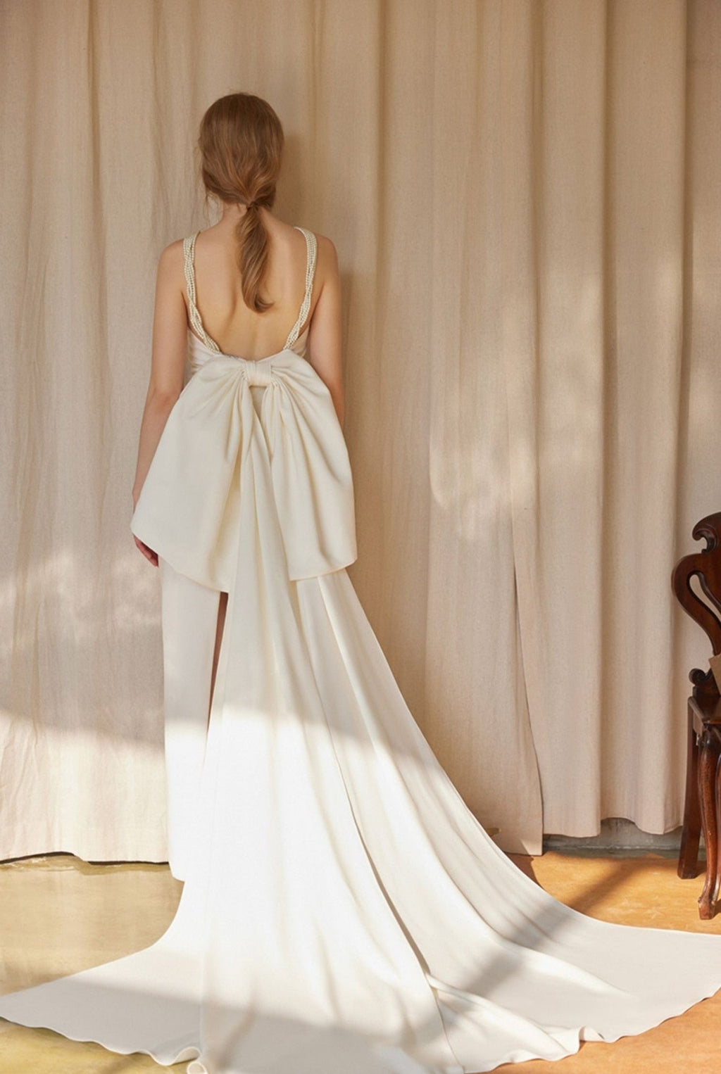 Pearl Strap Halter Satin Wedding Dress with Dramatic Back Bow and Train - Luzilly Bridal & Apparel